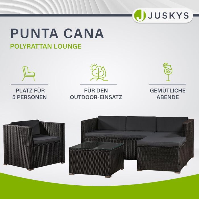 Садовий комплект меблів Juskys Polyrattan Punta Cana для 4-5 осіб: диван, крісло, пуф, стіл, подушки - чорний/сірий