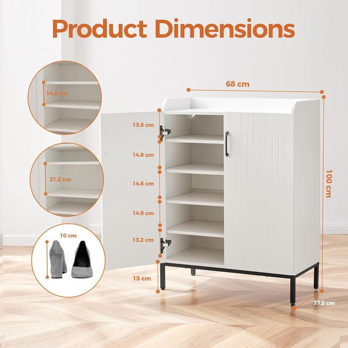 Шафа для взуття 5-ярусна в стилі ф armhouse з 2 дверцятами, самостійна шафа для взуття з регульованими полицями та металевими кутовими прикрасами для передпокою та коридору, білий, білий, білий (сучасний білий, білий)