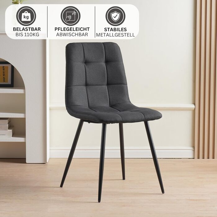 Стілець для їдальні Albatros Bora (4 шт.) - стильний вінтажний дизайн, до 110 кг, з м'яким сидінням. Сучасний кухонний стілець для їдальні або обіднього столу (тканина, чорний)