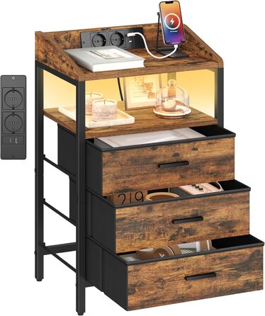 Приліжкова тумбочка Hzuaneri з LED-підсвіткою та функцією зарядки, 3 висувні ящики з тканини, USB-порти та розетки, для спальні/вітальні, чорний/коричневий, NS36301BEU, 1 шт.