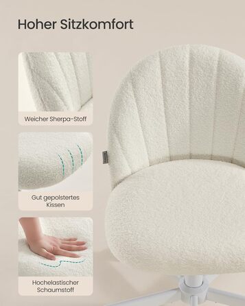 Крісло SONGMICS для дому та офісу, крісло для макіяжу з флісу, регульоване по висоті, для робочого кабінету, спальні, гардеробної, кремово-біле, OBG027WD01