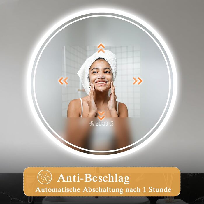 LED дзеркало для ванної кімнати з підсвічуванням 40x60 см - проти запотівання, 3 кольори, регулювання яскравості, подвійний сенсорний вимикач, пам'ять вимкнення, для ванної/туалету - горизонтальний/вертикальний монтаж