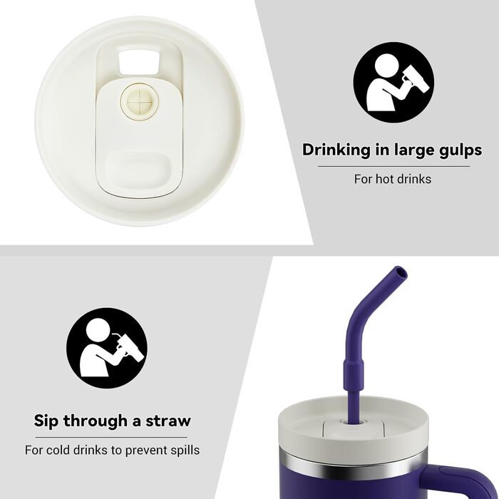 Термокружка-пляшка 1200 мл з трубочкою та антиковзним ручним захопленням, без BPA, з подвійними стінками для ізоляції, для автомобіля, офісу, відпочинку на природі (Пастельно-рожевий, Біло-рожевий, Глибокий фіолетовий)