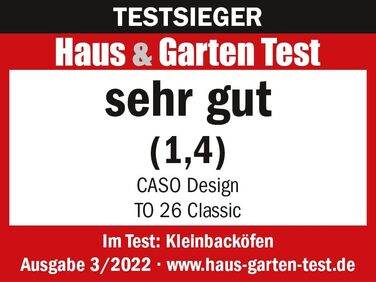 Електрична піч CASO TO 20 Design - 26 літрів, 5 функцій (Umluft, Drehspieß, Oberhitze, Unterhitze, Ober-Unterhitze), 70-230°C, таймер 0-120 хв