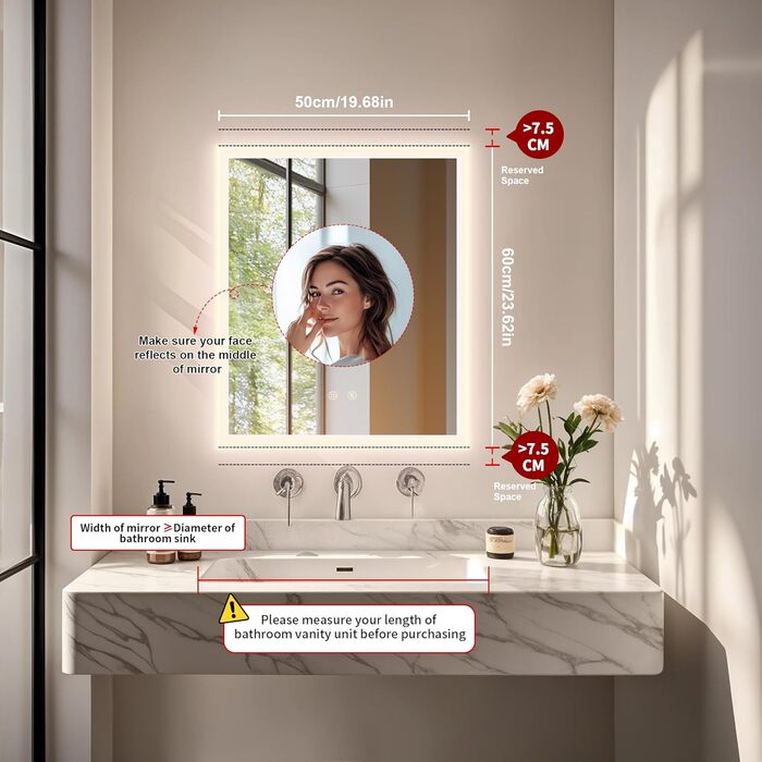 Дзеркало для ванної кімнати LUVODI з підсвічуванням 40x50 см: регульоване LED дзеркало з 3 кольорами світла, 2 сенсорні кнопки, запобігає запотіванню, водонепроникне, монтаж на стіну (горизонтальний/вертикальний)