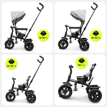 Триколісний велосипед HyperMotion з ручкою для батьків 3-в-1, сірий - для дітей від 1 до 4 років (до 20 кг)