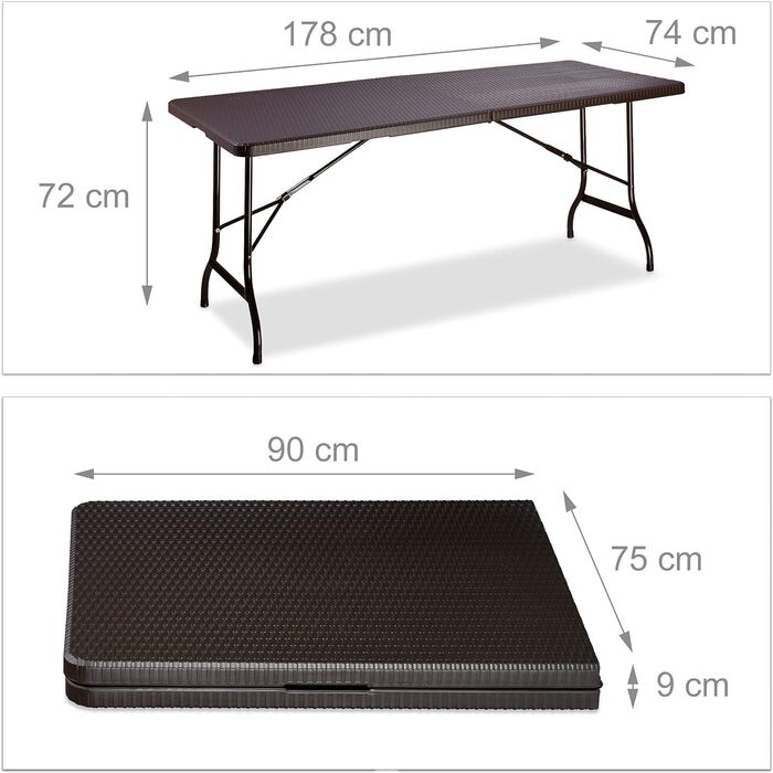 Садовий стіл Relaxdays складний BASTIAN, великий, ручка для перенесення, міцний кемпінговий стіл, В x Ш x Г 72 x 178 x 74 см, (коричневий)