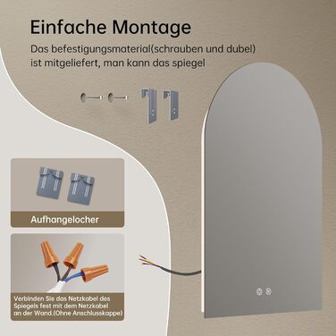 Дзеркало для ванної кімнати OUMUSU з підсвічуванням, 50x75 см, без рами, арочне, антизапотівальне, сенсорне керування, диммування, 3 кольори світла