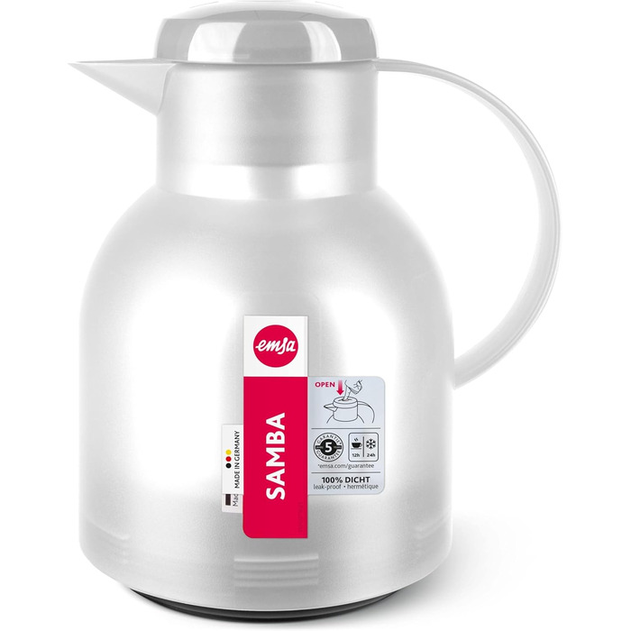 Термос Emsa Samba 1 л з Quick Press, білий, з ізоляцією, 12 год гарячий, 24 год холодний