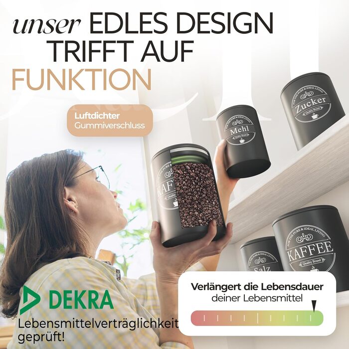 Набір контейнерів для зберігання продуктів IDEALTASTIC® Premium: кава, цукор, борошно (3 шт x 500г) - герметичні, чорні, матові