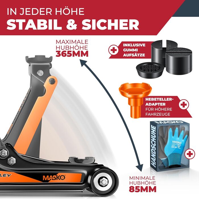 Гідравлічний домкрат MASKO 3T з низьким профілем 85-460мм, 3 гумові накладки, для автомобілів SUV, 360° колеса, рукавички в комплекті, підставка для ремонту (до 2.5 тонн, помаранчевий)
