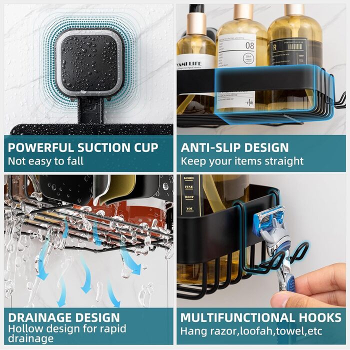 Корзина для душу TAILI з нержавіючої сталі, без свердління, чорна, 2 шт.