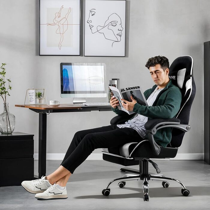 Ігровий крісло GTPLAYER з підніжкою та масажем, білий, тканинний