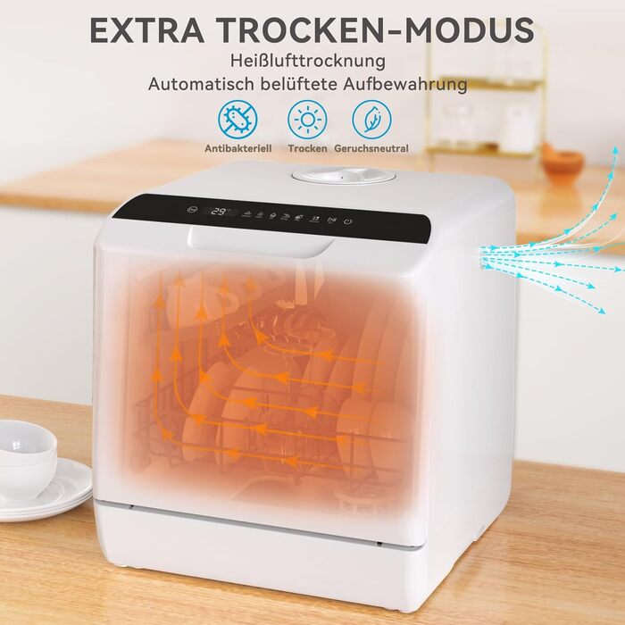 Компактна посудомийна машина Hermitlux Mini на 5 комплектів посуду (5л бак), 6 програм миття, 360° розпилювачі, функція сушіння, енергоклас D, без встановлення, скляні/суцільні дверцята