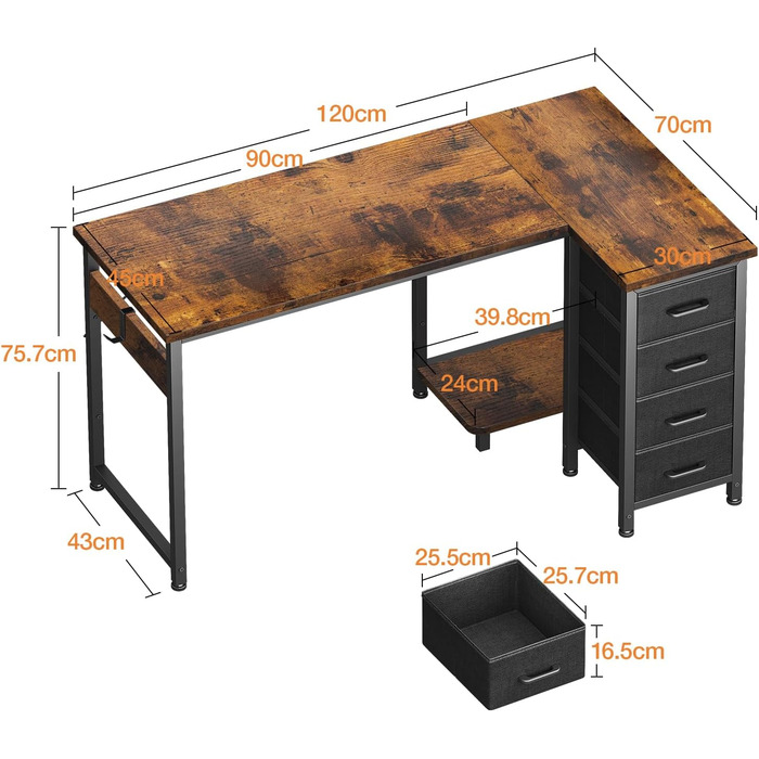 Комп'ютерний стіл кутовий Coleshome 120x70 см з 4 висувними ящиками, для офісу, кабінету, спальні, вінтажний коричневий
