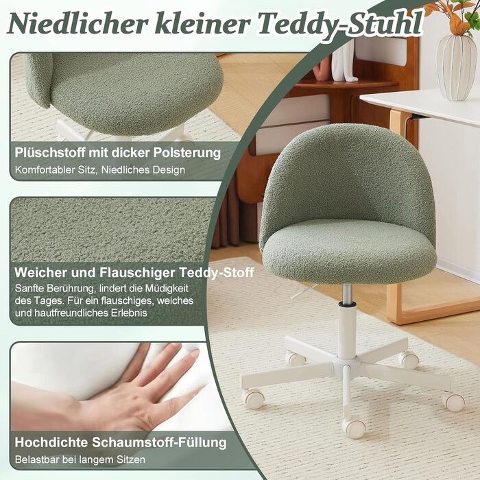 Офісне крісло Bonnlo з роликами, регульована висота, для робочого кабінету, спальні, home office, обшите тедді, білий (зелений)