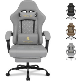 Ігровий крісло Vittanly з пружинними подушками, ергономічний геймерське крісло з підголовником, поперековою подушкою та підставкою для ніг, регульоване по висоті, поворотне ігрове крісло, офісне крісло, 150 кг, сірий