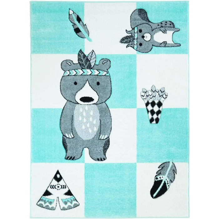 Килим Міський Дитячий Килимок Індійський Ведмідь Teepee Mint Turquoise, 140x200 см, контурний виріз, Глянцева пряжа