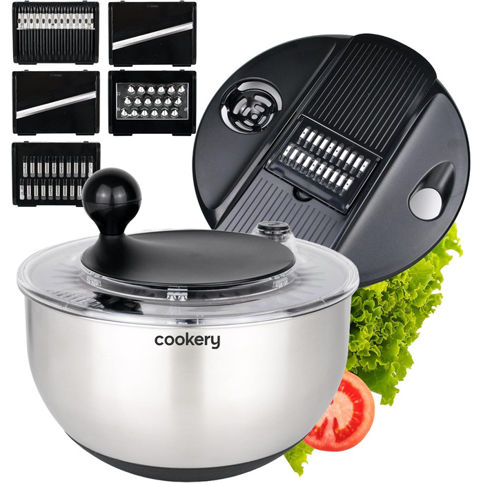 Нержавійна салатниця-центрифуга (4,5л) + овочевий тертки з 5 лезами | зручне віджимання салату завдяки неслизькому дну та ручним приводом
