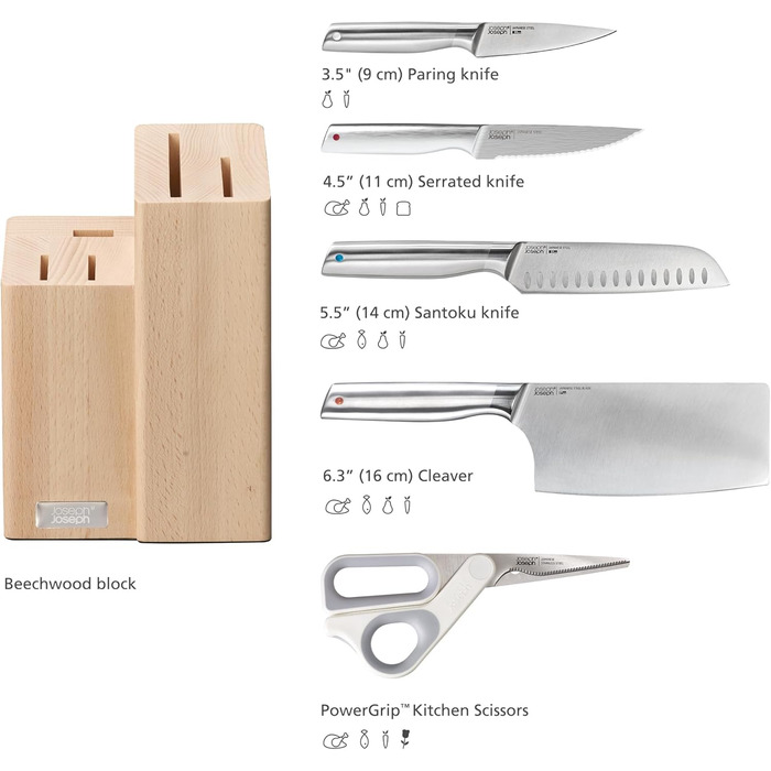 Набір ножів Fusion Joseph Joseph 5 предметів: кухонний ніж, ніж для м'яса, ножиці, дерев'яний блок для ножів
