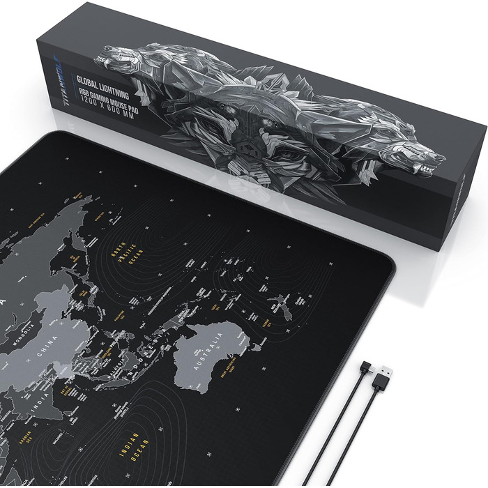 Килимок для миші TITANWOLF XXXL RGB з підсвічуванням LED, 1200 x 600 мм – для геймінгу, з гумовою основою, карта світу