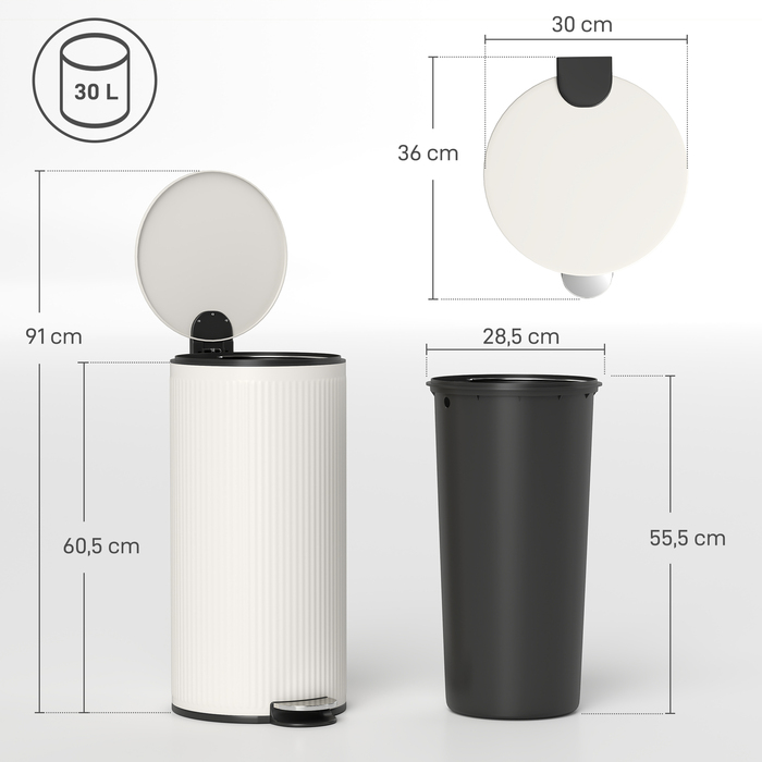 Відро для сміття 30 л з м'яким закриттям кришки та педаллю, внутрішній відрізок з металу, чорного кольору, розміри 36 x 30 x 60,5 см