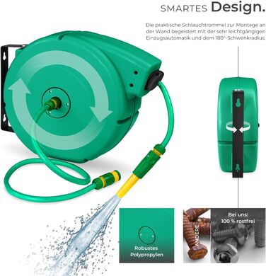 Шланговий барабан Tectake® настінний, 1/2 дюйма, 10м, з автозмотуванням, для саду та городу, водяний шланг, котушка для шланга, розпилювач