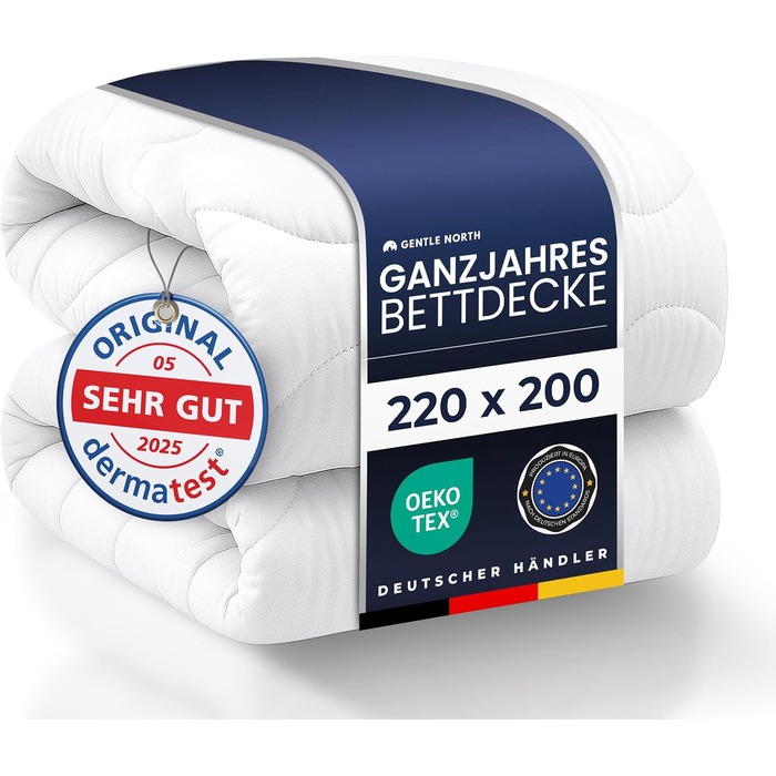 Пухова ковдра Gentle North 220x200 см - всесезонна ковдра для алергіків, м'яка та пухнаста, придатна для прання при 60°C