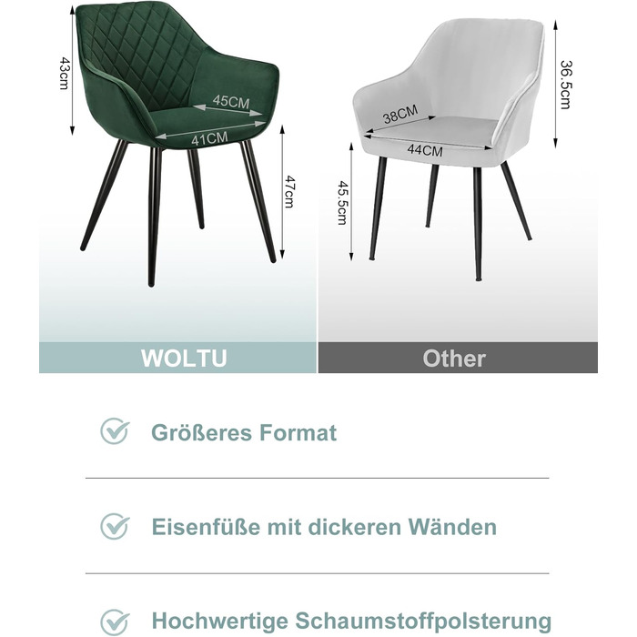 Набір з 2 стільців Woltu Esszimmerstühle: м'які крісла з підлокітниками для кухні, вітальні, обідньої кімнати, зелений велюр, металеві ніжки