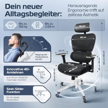 Ергономічне крісло для офісу CLOUVOU ProSeat, регульоване, до 150 кг, чорне – офісний та ігровий комп'ютерний стілець, тестовий переможець