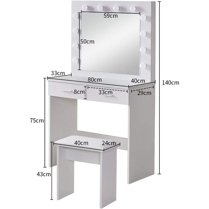Туалетний столик з підсвічуванням, Табурет, Дзеркало, 2 ящики, Білий, LED, Набір туалетного столика для макіяжу