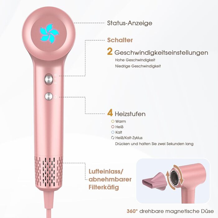 Професійний фен для волосся з дифузором та плазмою (400 млн іонів), безщітковий мотор 110 000 об/хв, низький рівень шуму 57дБ, Rose Gold