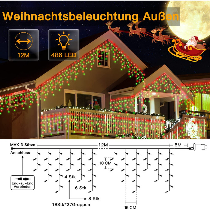 Вулична гірлянда для крижаного дощу, 12 м, 486 світлодіодів, 81 струна, вуличні Різдвяні ліхтарі IP44, водонепроникні, 8 режимів з дистанційним управлінням, таймер, Європейський штекер для альтанки, балкона (червоний і зелений)