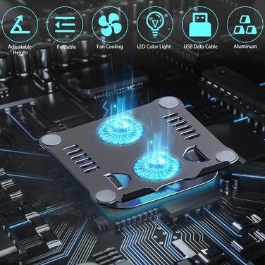 Підставка для ноутбука з RGB вентилятором, регульована висота, алюмінієвий сплав, 10-17'', сіра