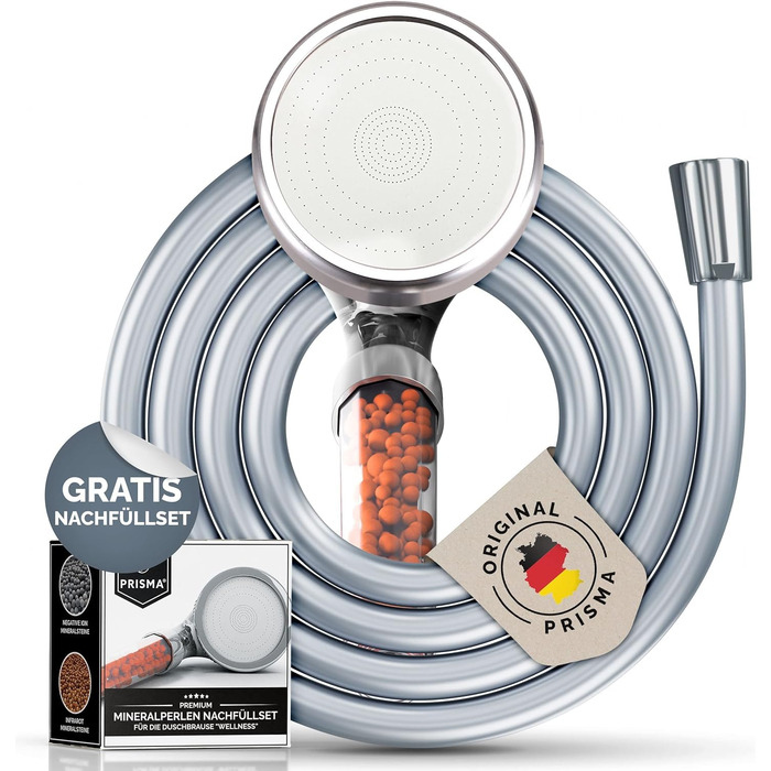 Насадка для душу Prisma: потужний струмінь, економія води, 3 функції, фільтр, дощова лійка, ручна лійка, масаж. Комплект з шлангом 160 см.