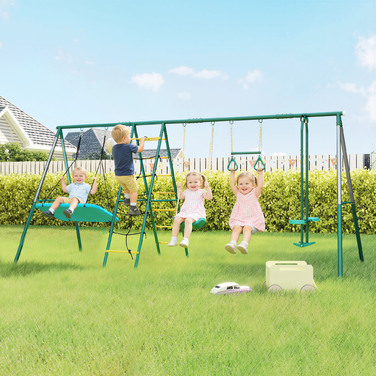 Комплекс для ігор 5-в-1 з регульованою гойдалкою-гніздечком, кільцями для гімнастики, двомісною гойдатю та комплексом для лазіння, призначений для дітей 3-8 років, розміром 440x175x203 см.