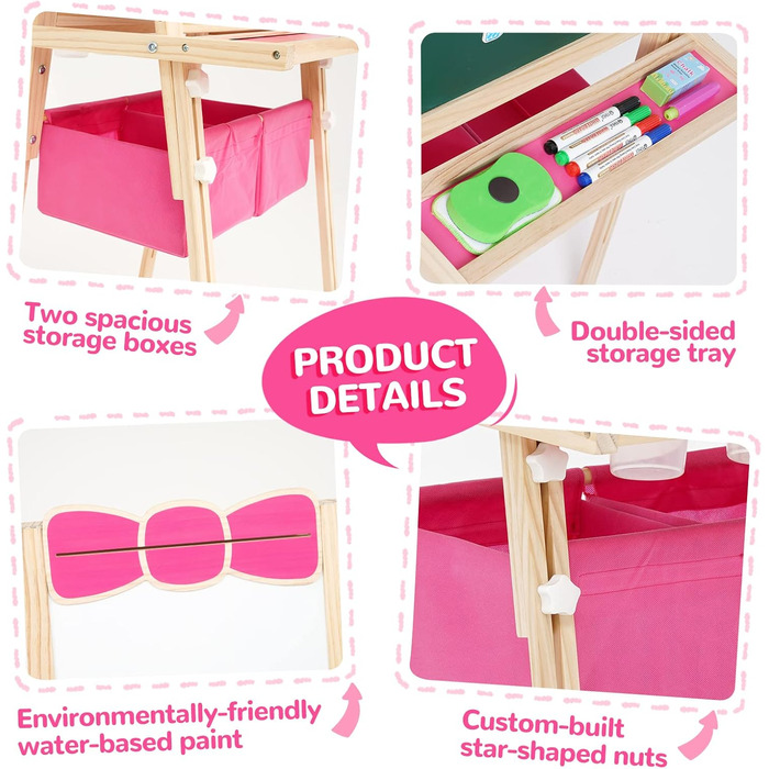 Дерев'яна мольберт Kinder Tafel з паперовою рулонкою, регульована висота, рожевий колір, двосторонній (whiteboard та дошка)