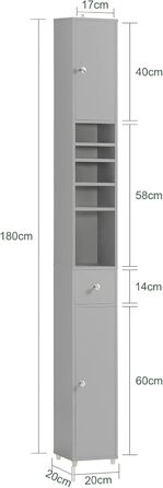 Верхня шафа для ванної кімнати SoBuy BZR34-W з 5 відділеннями, 1 ящиком, дверцятами, BHT приблизно 20x180x20см (сірий)