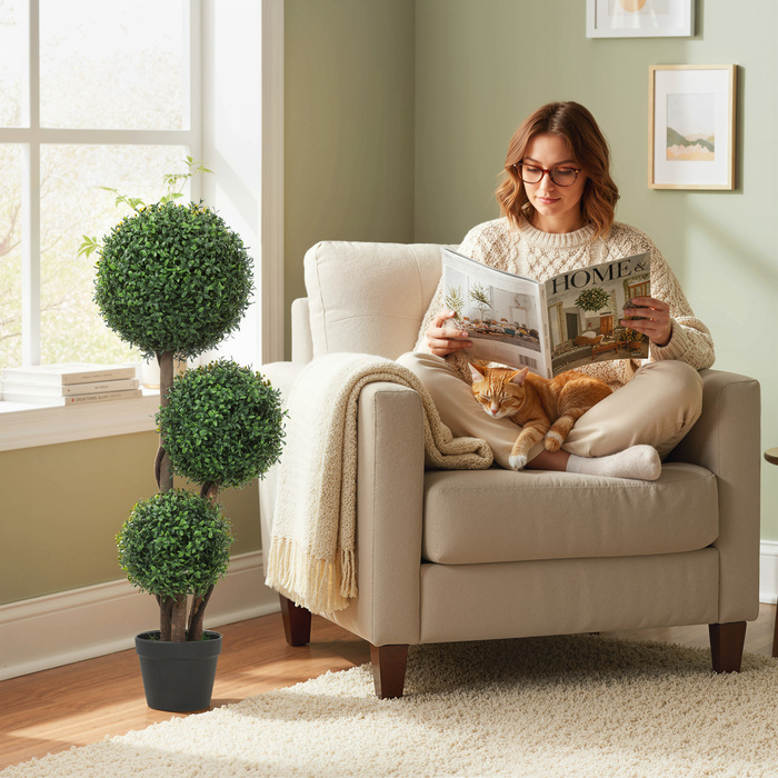 Штучна куля букса, трикульна, декоративна рослина. Штучна рослина з дерев'яним стовбуром у горщику, 30 x 30 x 100 см, зелена.