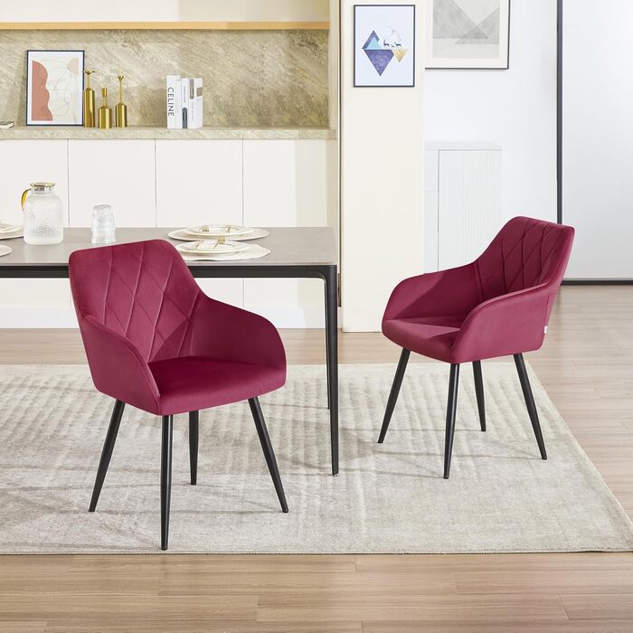 WOLTU Набір з 2 кухонних стільців з підлокітниками, для вітальні, кухні, їдальні. М'які стільці з оксамитовим покриттям, металеві ніжки, Бордовий колір