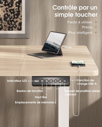 Регульований стіл Devoko 160x80 см з висувними ящиками, USB-порт, органайзер для кабелів, стіл для комп'ютера з 3-ма пам'ятними функціями, білий