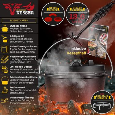 Набір чавунних казанів KESSER Dutch Oven для гриля та BBQ, 7.3 л, з підставкою з нержавіючої сталі, кришкознімачем та отвором для термометра, для використання на відкритому повітрі та вдома