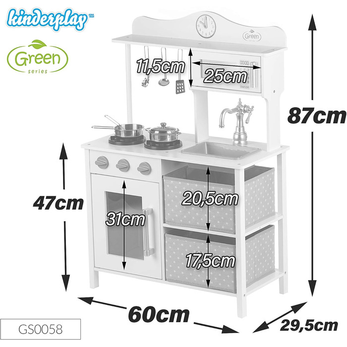 Дерев'яна дитяча кухня Kinderplay з LED та звуками приготування їжі, регульована висота 92–107 см, ігровий набір для дітей від 3 років, повний комплект з аксесуарами, світло-сірий колір (Vintage - White)