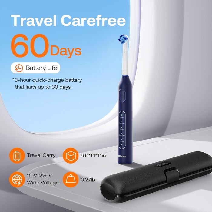 Електрична зубна щітка Bitvae R1H3: 8 насадок, 5 режимів, таймер, 60 днів роботи, для дорослих та дітей, темно-синій