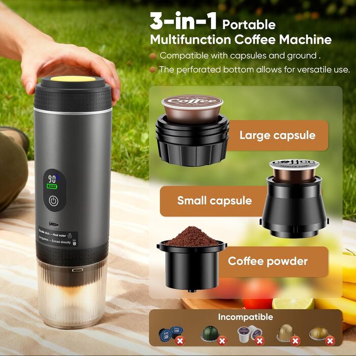 Портативна кавомашина Nastopee 3-в-1 з акумулятором та USB-C, для капсул та меленої кави, міні-еспресо для кемпінгу, авто, подорожей