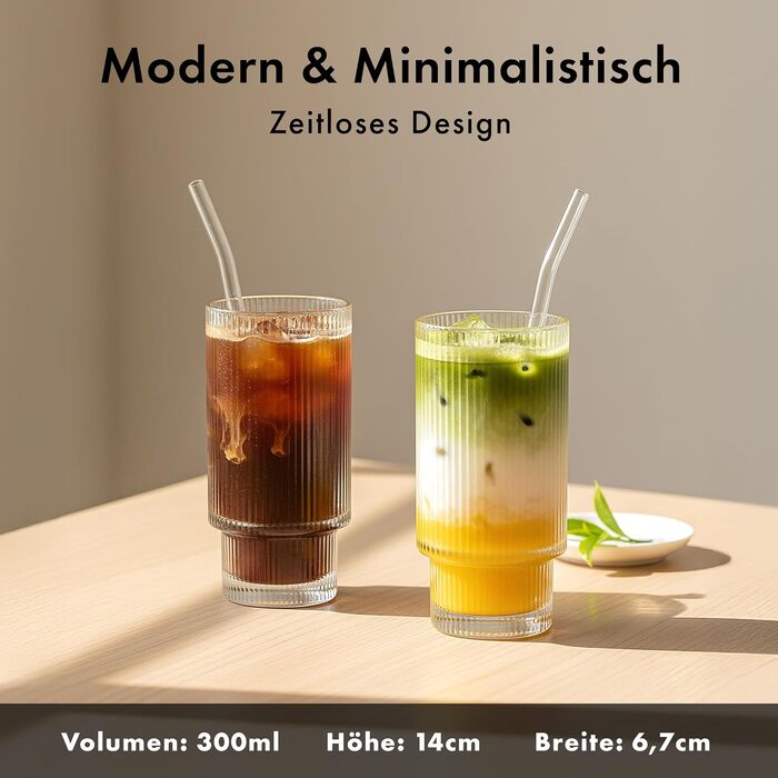 Набір склянок для коктейлів 4 шт. 300 мл рифлені - Gin, Longdrink, Matcha - склянки з трубочками