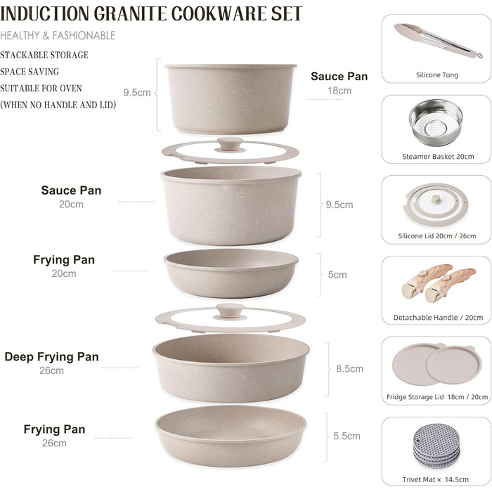 Набір посуду RIOVARM з індукційним дном, антипригарне покриття з граніту, знімні ручки, силіконові кришки, без PFOA. Каструлі та сковорідки