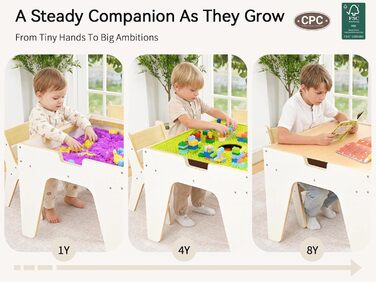 Дерев'яний дитячий набір меблів Wingyz 4-в-1: стіл, 2 стільці, стіл з місцем для зберігання. Ідеально для малювання, ігор та активностей.