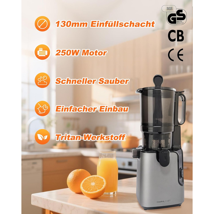 Charmline Slow Juicer: повільний соковитискач для фруктів та овочів, 1,8л, легке очищення