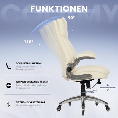 Крісло для офісу Colamy: ергономічне крісло з дихаючої шкіри, підголівник, регульовані підлокітники та м'яке сидіння з пружинним блоком, для дому та офісу (слонова кістка)